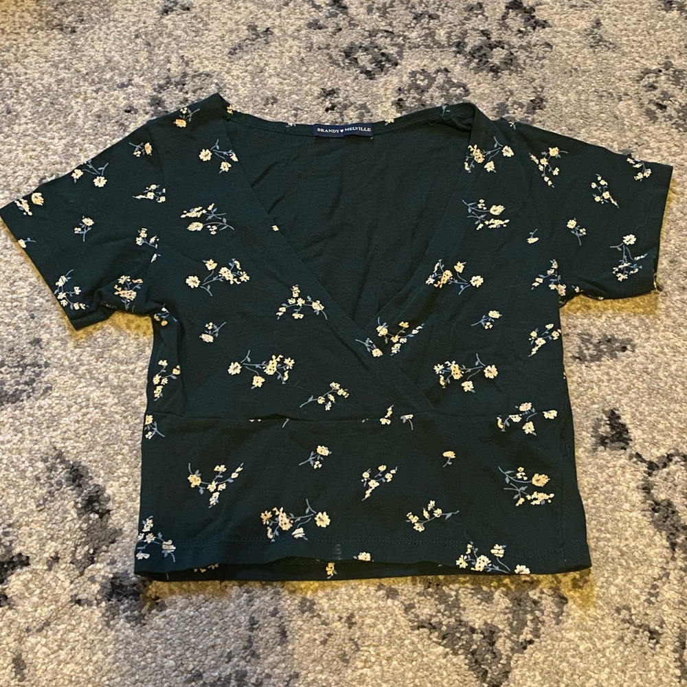 brandy melville john galt dark green flowered cross short sleeve shirt